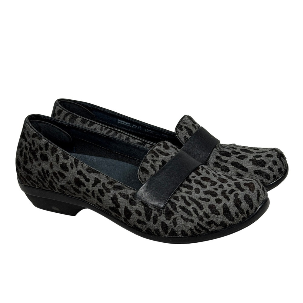 Dansko Grey Leopard Print Calf Hair Loafers Black Leather Shoes Womens 38 EU 7